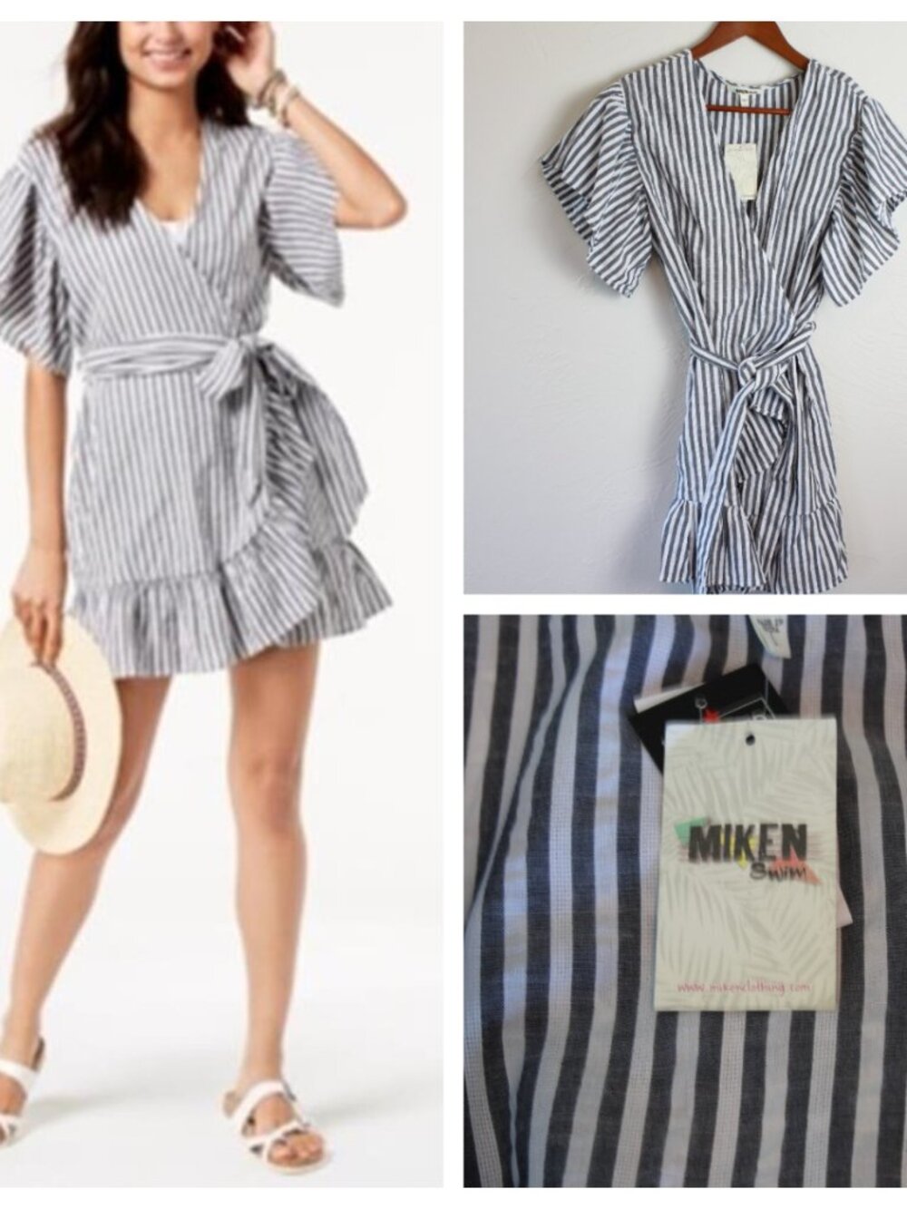 Miken Ruffle Wrap Dress Swimsuit Cover Up Stripe Black White Large NWT